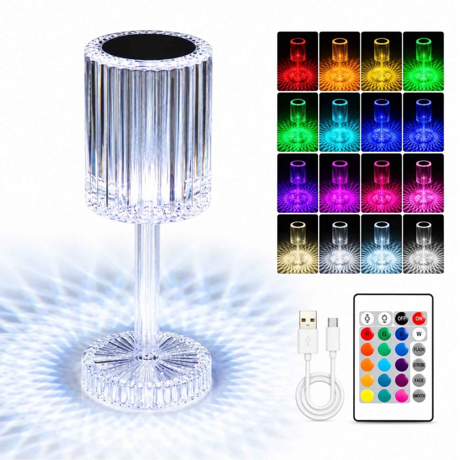 Lampa Transparenta 24cm cu LED, Model Cristal cu Acumulator, Incarcare USB si Telecomanda