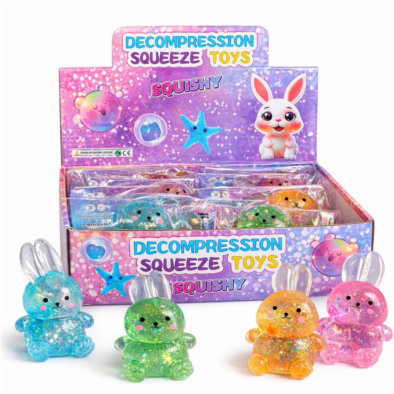 Jucărie Squeeze 12/set Iepuraș cu Sclipici 10cm, Diferite Culori