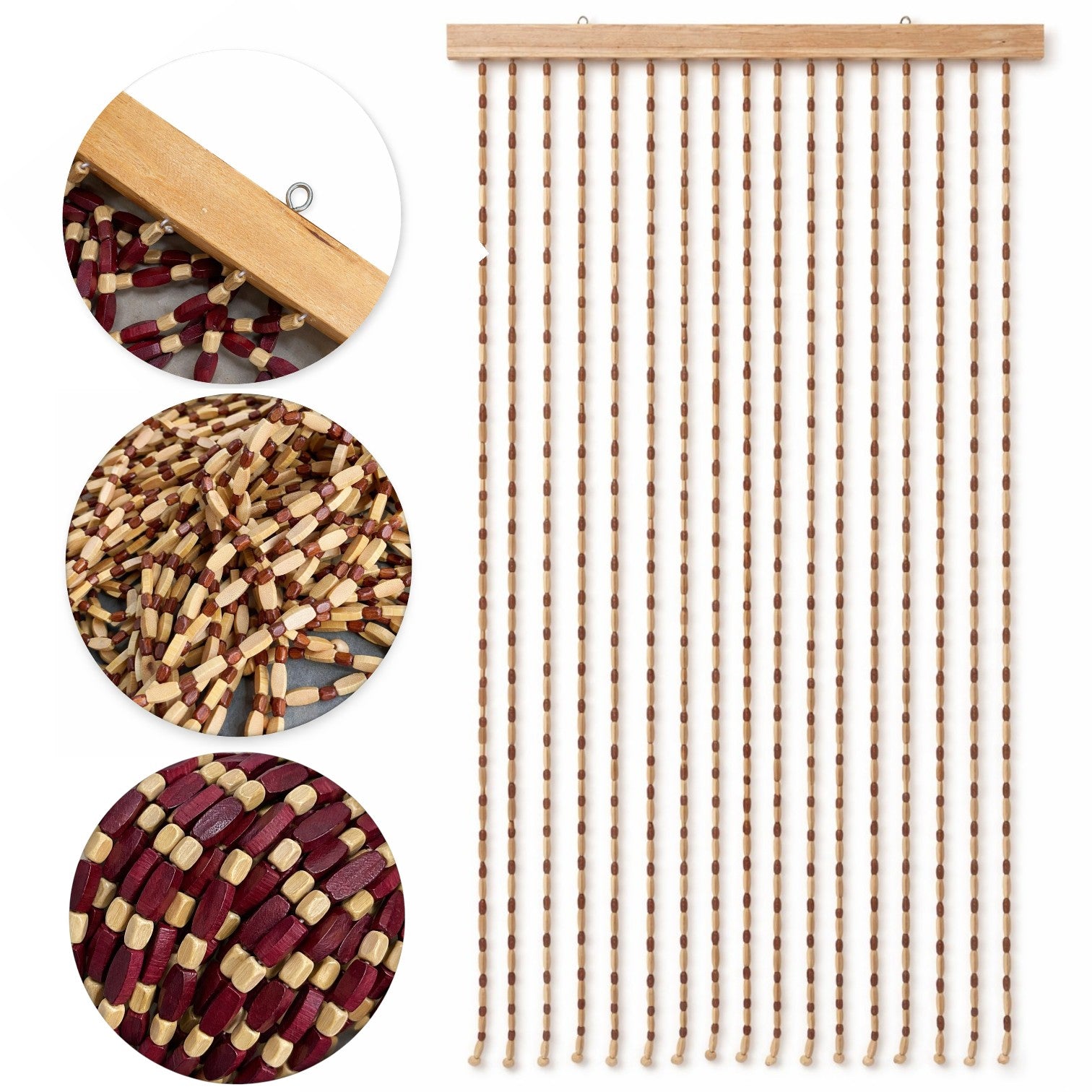 Perdea Decorativă pentru Ușă 90x180cm, din Mărgele din Lemn, cu Bară din Lemn, Diferite Culori