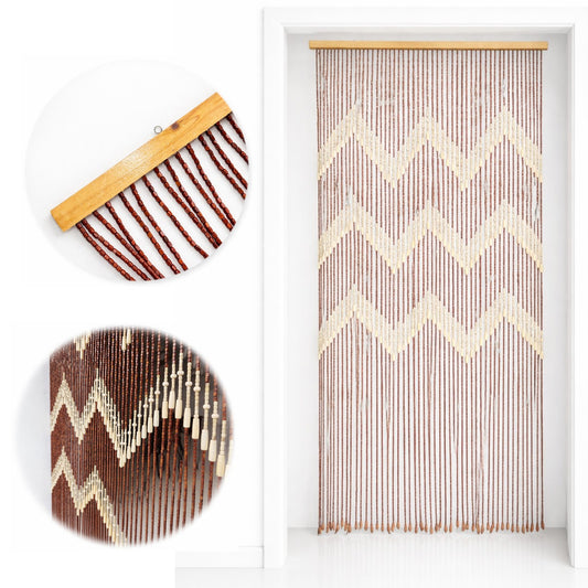 Perdea Decorativă pentru Ușă 90x195cm, din Mărgele cu Bară din Lemn, și Agățători Metalice Model Zig-Zag