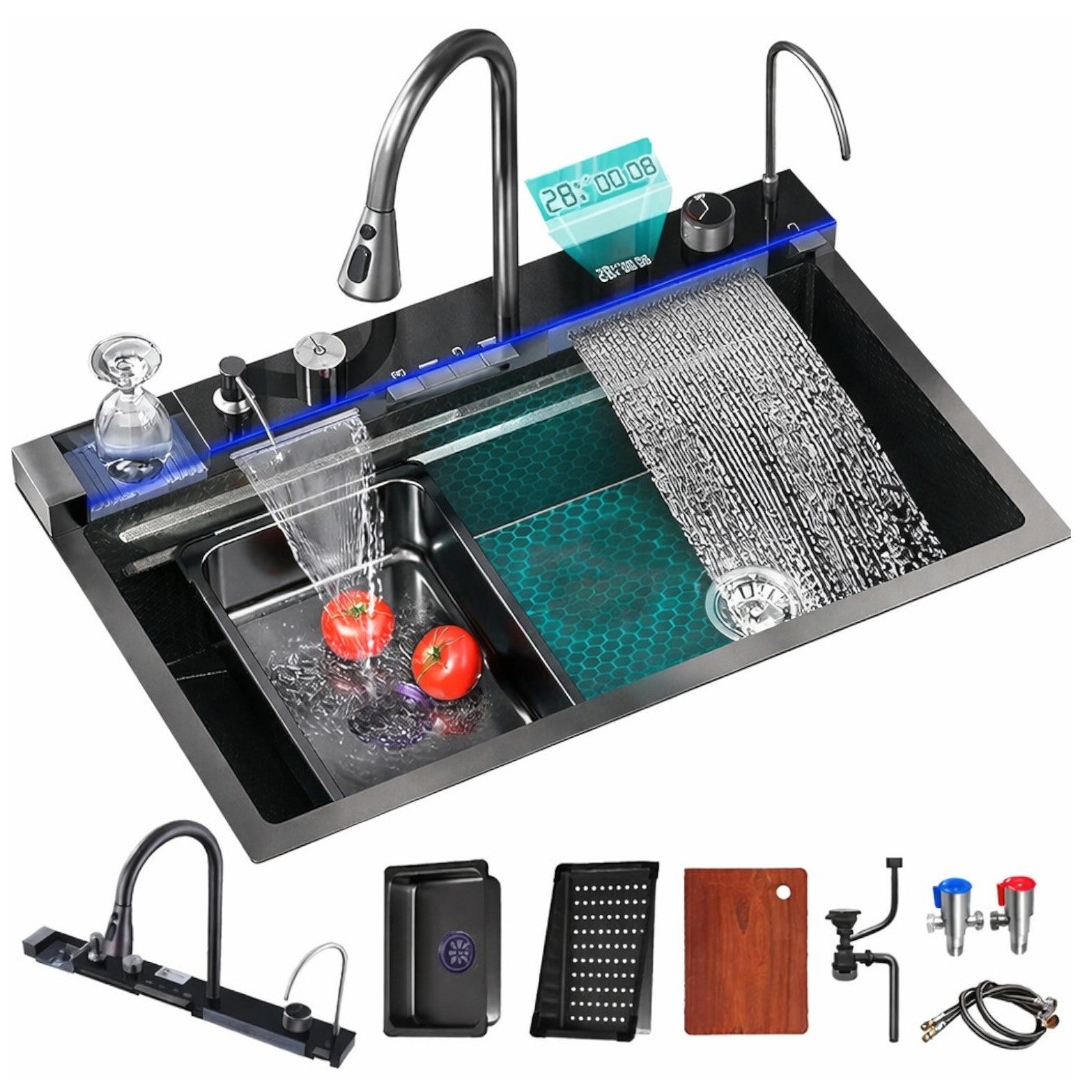 Chiuvetă Multifuncțională 75x46cm, cu 2 Cascade, Afișaj Digital Temperatură, Robinet Tip Cascadă, Accesorii Incluse