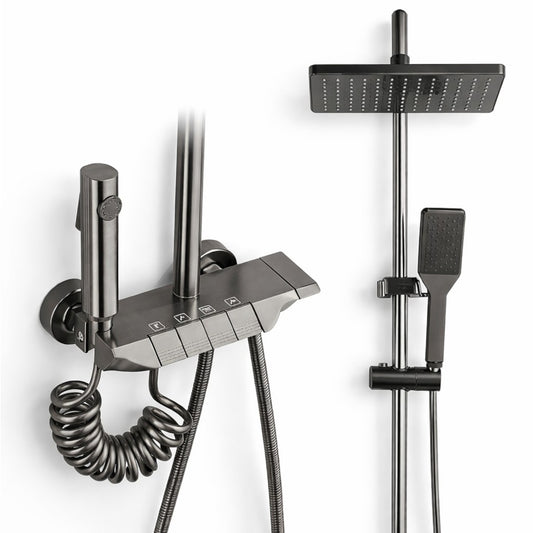 Set Duș Termostatic cu Coloană Reglabilă, 125.5cm, Cap Ploaie 25cm, Pară Duș 4 Funcții, Baterie cu 4 Butoane, Furtun Spirală, Oțel Inoxidabil