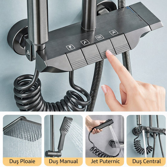 Set Duș Termostatic cu Coloană Reglabilă, 125.5cm, Cap Ploaie 25cm, Pară Duș 4 Funcții, Baterie cu 4 Butoane, Furtun Spirală, Oțel Inoxidabil