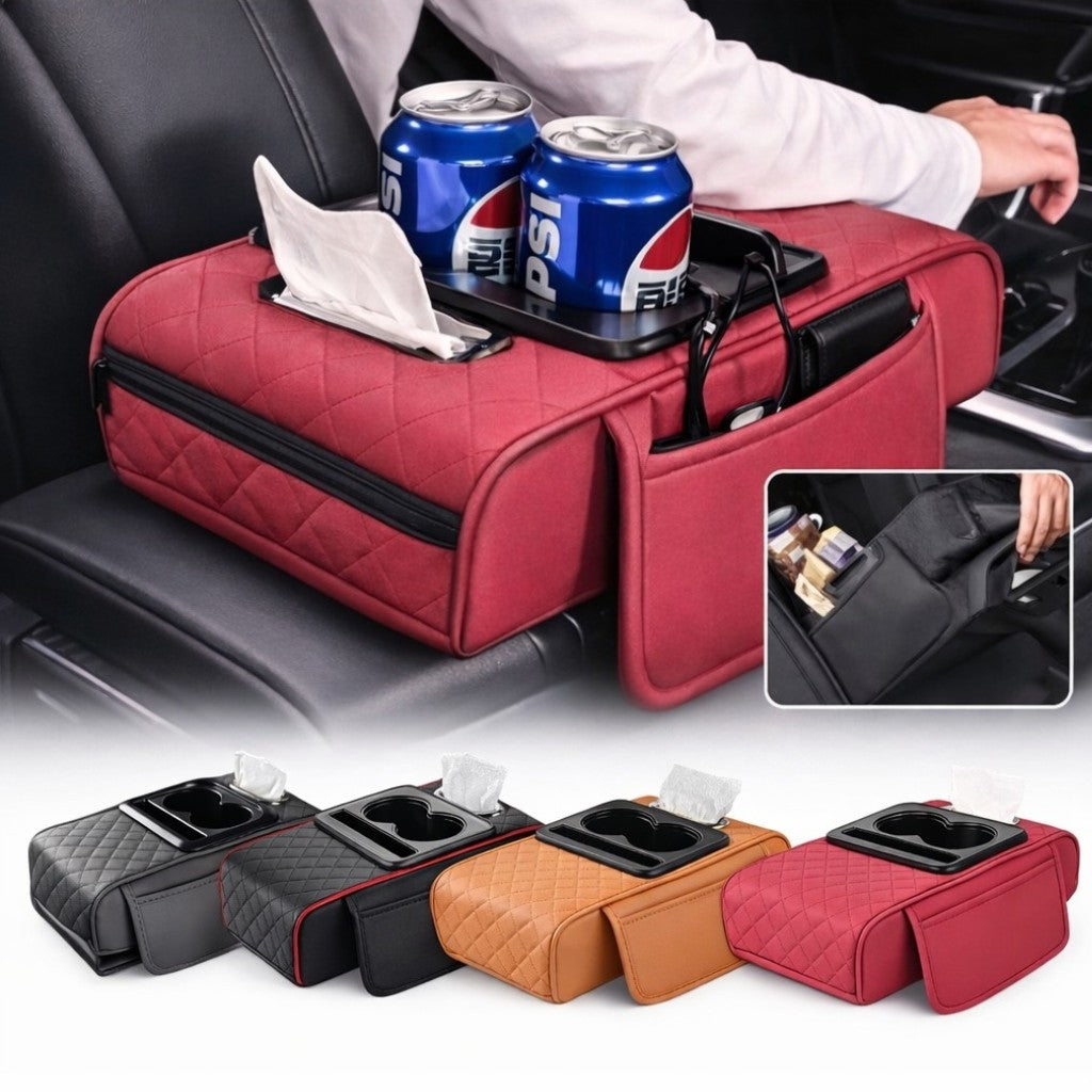 Cotieră Auto Universală 34x19x7.5cm, Organizator Multifuncțional cu Suport 2 Pahare, Șervețele și Depozitare, Diferite Culori
