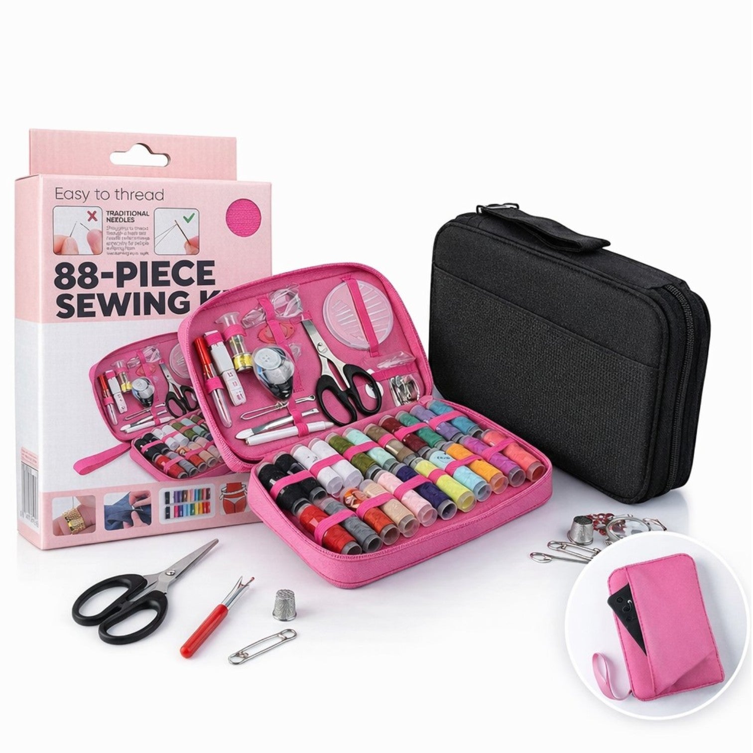 Kit Cusut 88 Piese cu Trusă Textilă cu Fermoar, cu Accesorii Complete, Diferite Culori