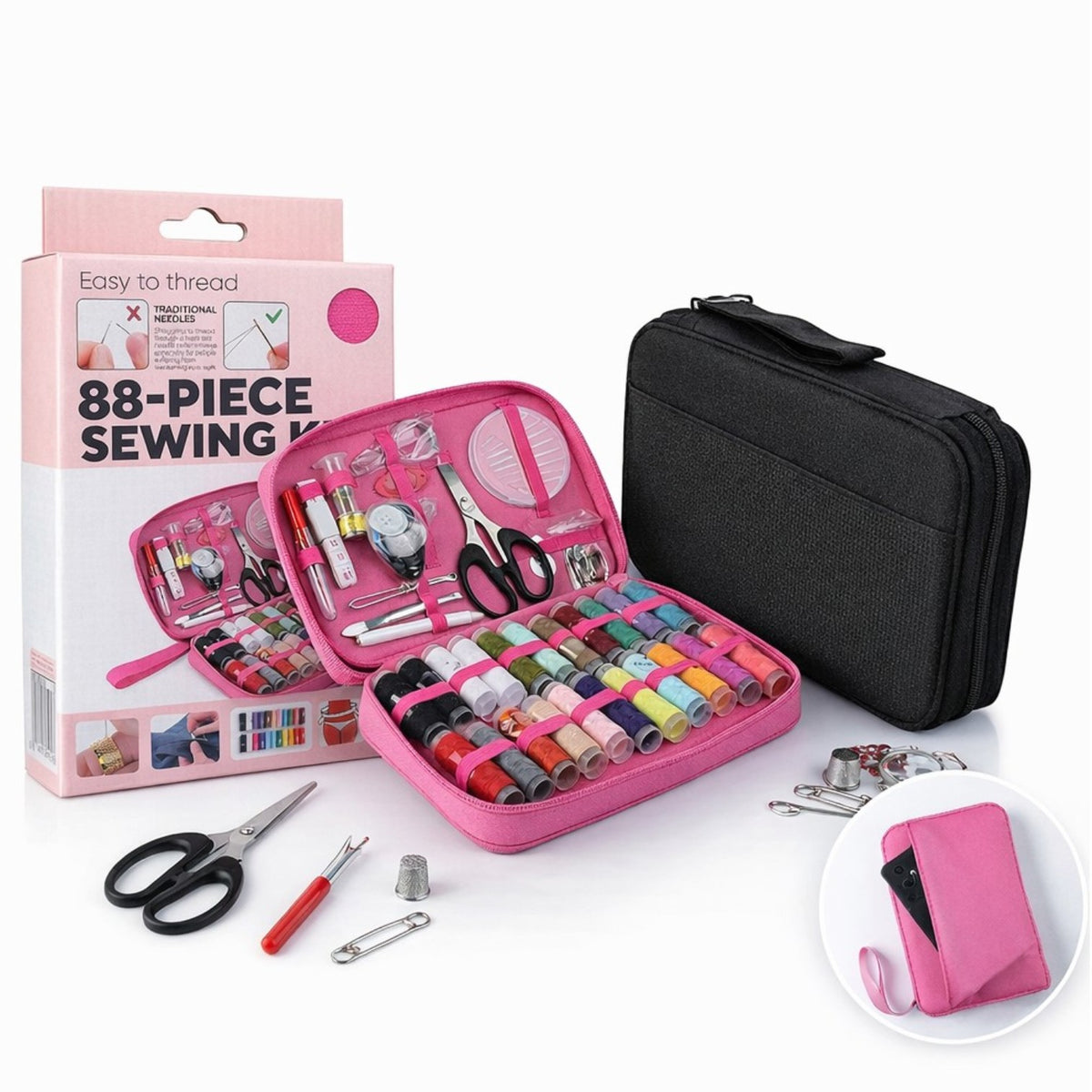 Kit Cusut 88 Piese cu Trusă Textilă cu Fermoar, cu Accesorii Complete, Diferite Culori