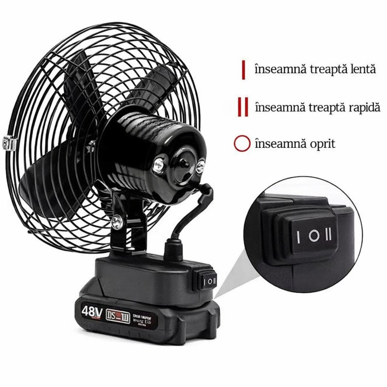 Ventilator Portabil cu 2 Acumulatoare 48V 30cm, cu Încărcător Inclus, Flux de Aer Puternic