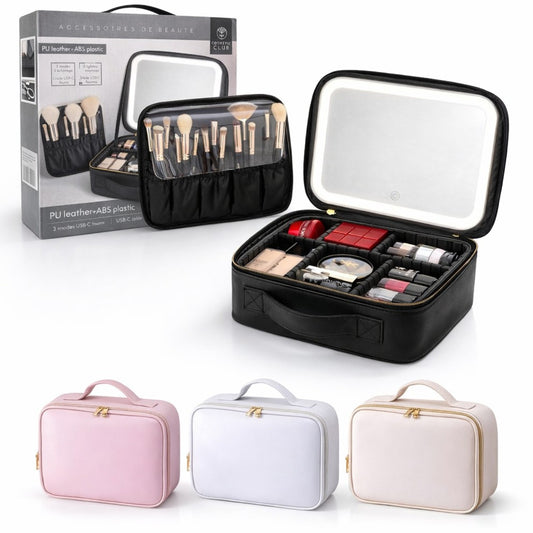 Geantă Organizator Machiaj cu Oglindă LED, 26x23x11cm, Compartimentare Reglabilă, Reîncărcabilă USB, Diferite Culori