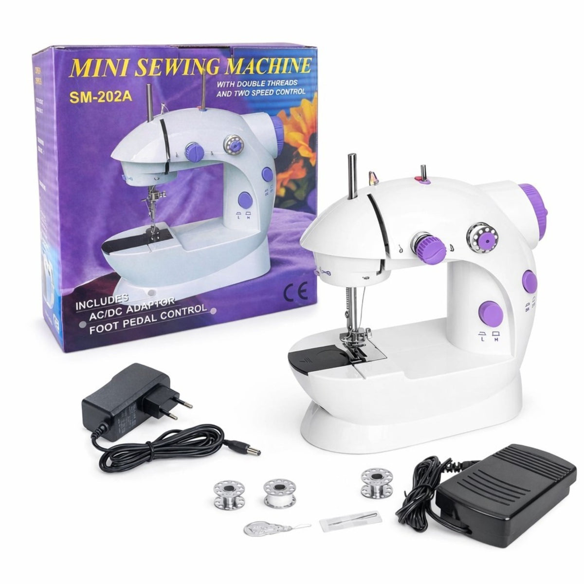 Mini Mașină de Cusut Electrică, 22.5×12×21cm, cu Pedală și Alimentator, Accesorii Incluse