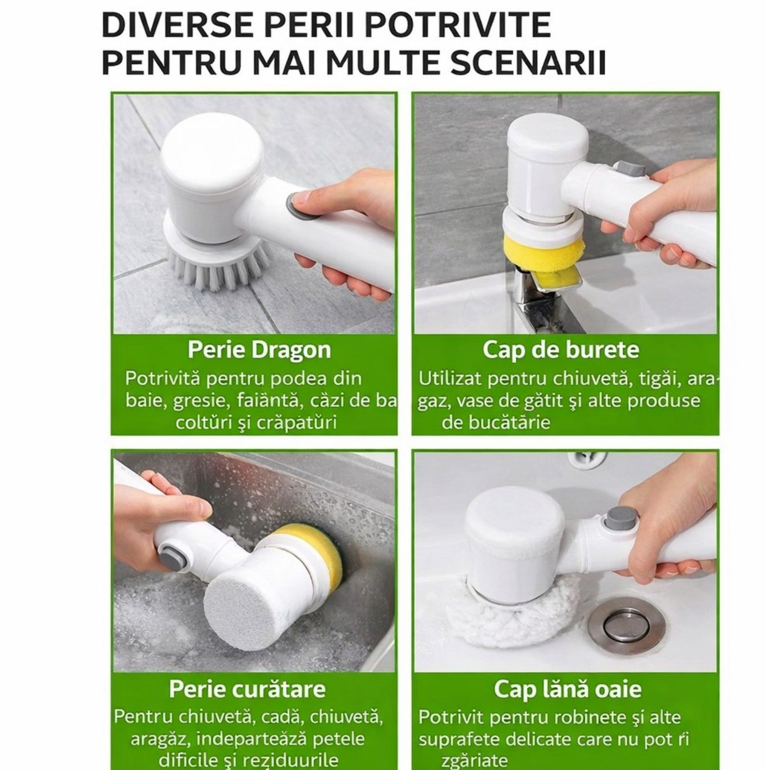 Perie de Curățare Electrică 20cm, Rotativă cu 3 Capete Interschimbabile, Reîncărcabilă