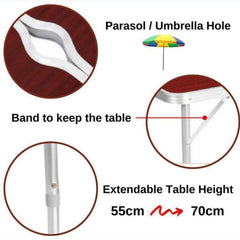 Masă Pliabilă 120x60cm cu Înălțime Reglabilă, Orificiu pentru Umbrelă, Tip Servietă, Cadru Aluminiu, Portabilă, Diferite Culori