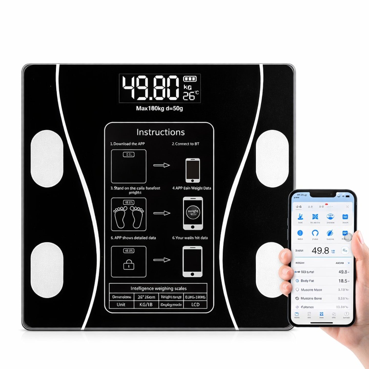 Cântar Inteligent 26x26cm cu Conectare Bluetooth, Analiză Corporală Completă și Aplicație Mobilă, Afișaj LCD