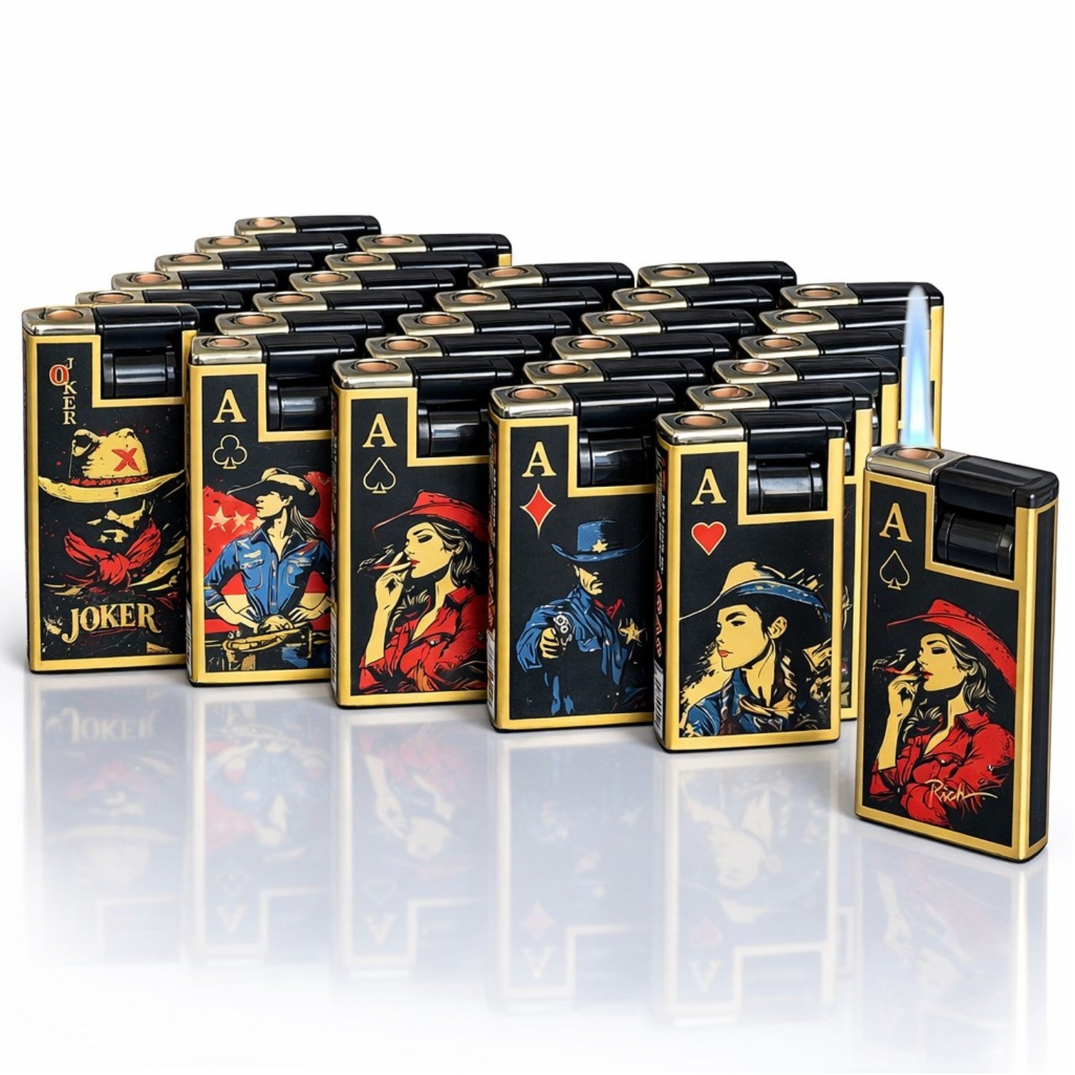 Brichete Metalice Antivânt 50/set, Flacără Albastra 6.5cm, Modele Poker