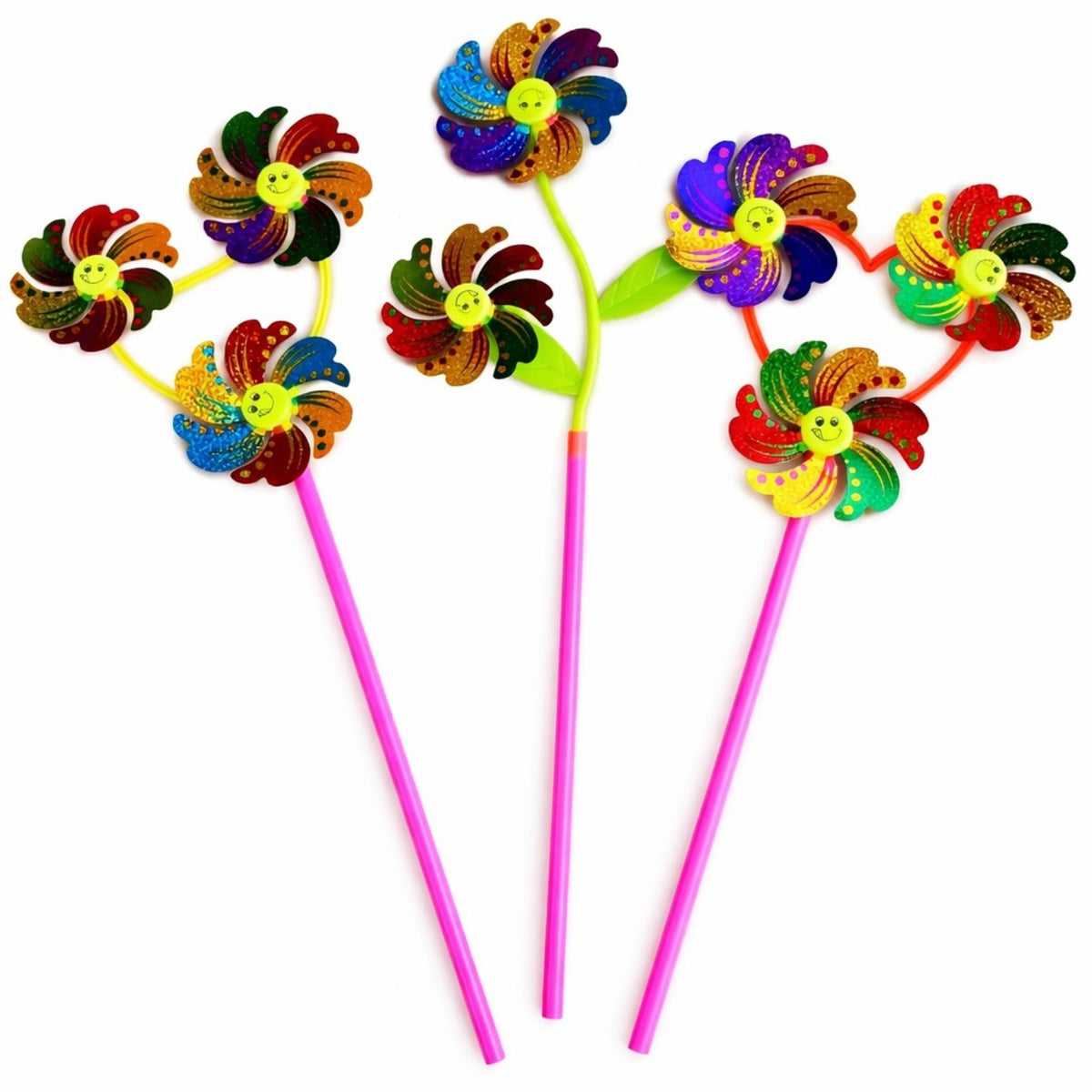 Morișcă de Vânt 44–50cm, Model Floare Multicoloră cu Sclipici si Smile Face, Diferite Forme&nbsp;
