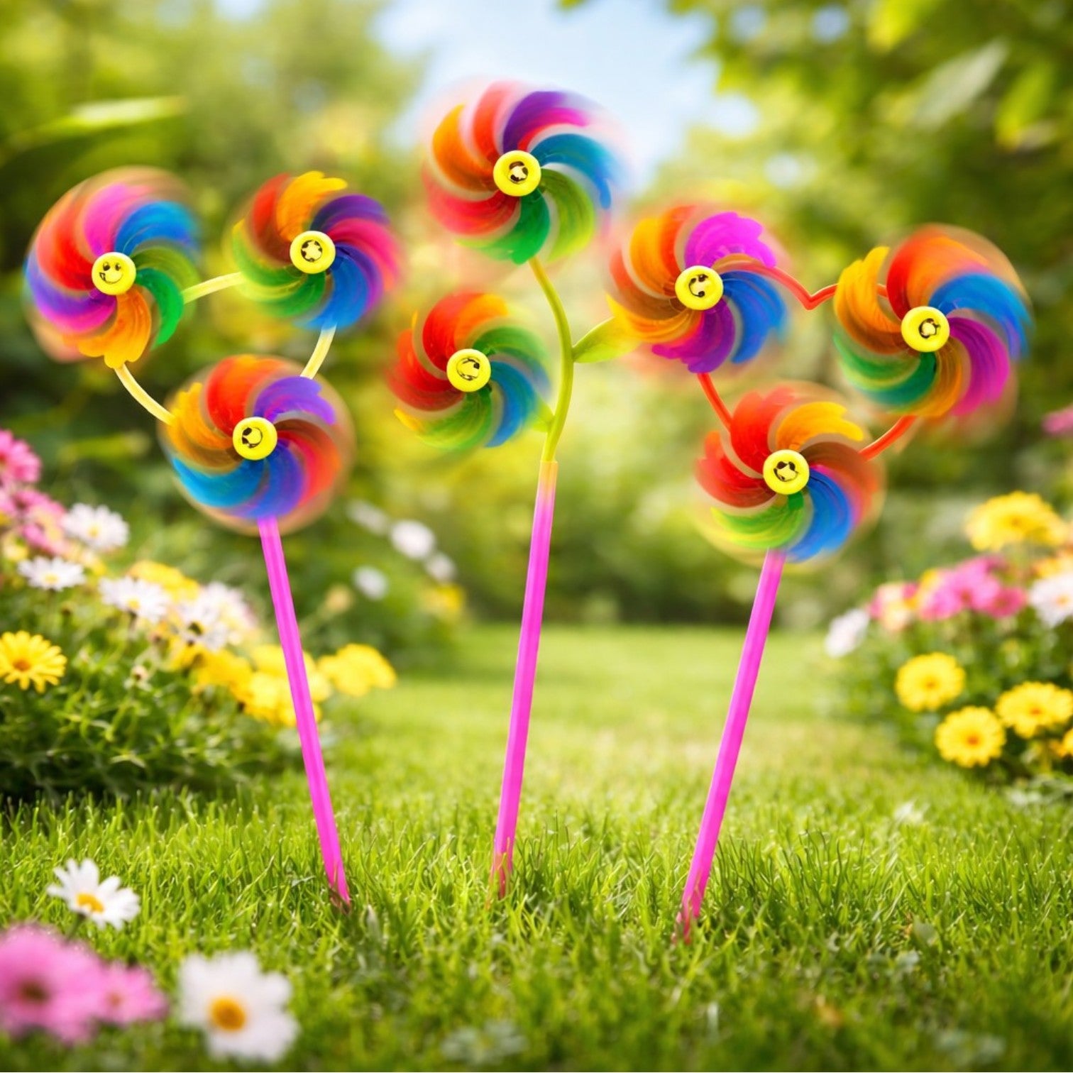Morișcă de Vânt 44–50cm, Model Floare Multicoloră cu Sclipici si Smile Face, Diferite Forme&nbsp;