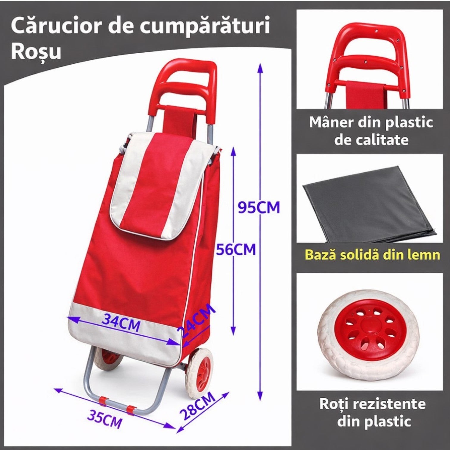 Cărucior de Cumpărături Pliabil 95cm, cu Geantă Incăpătoare 56x34x24cm si Roți Rezistente, Cadru Metalic, Diferite Culori