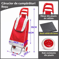 Cărucior de Cumpărături Pliabil 95cm, cu Geantă Incăpătoare 56x34x24cm si Roți Rezistente, Cadru Metalic, Diferite Culori