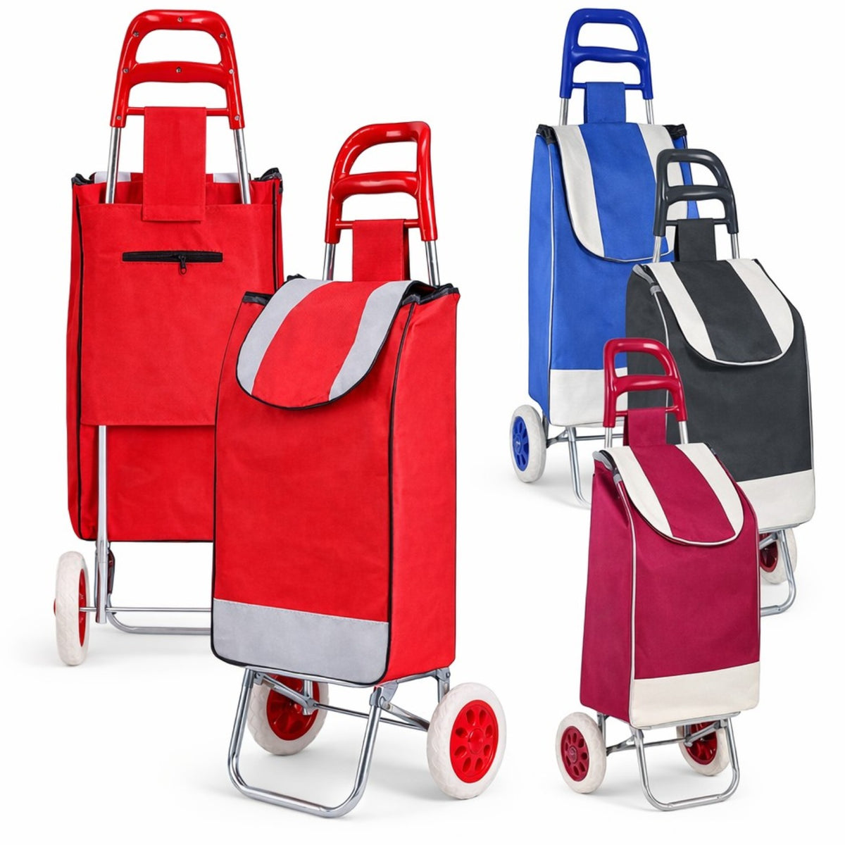 Cărucior de Cumpărături Pliabil 95cm, cu Geantă Incăpătoare 56x34x24cm si Roți Rezistente, Cadru Metalic, Diferite Culori
