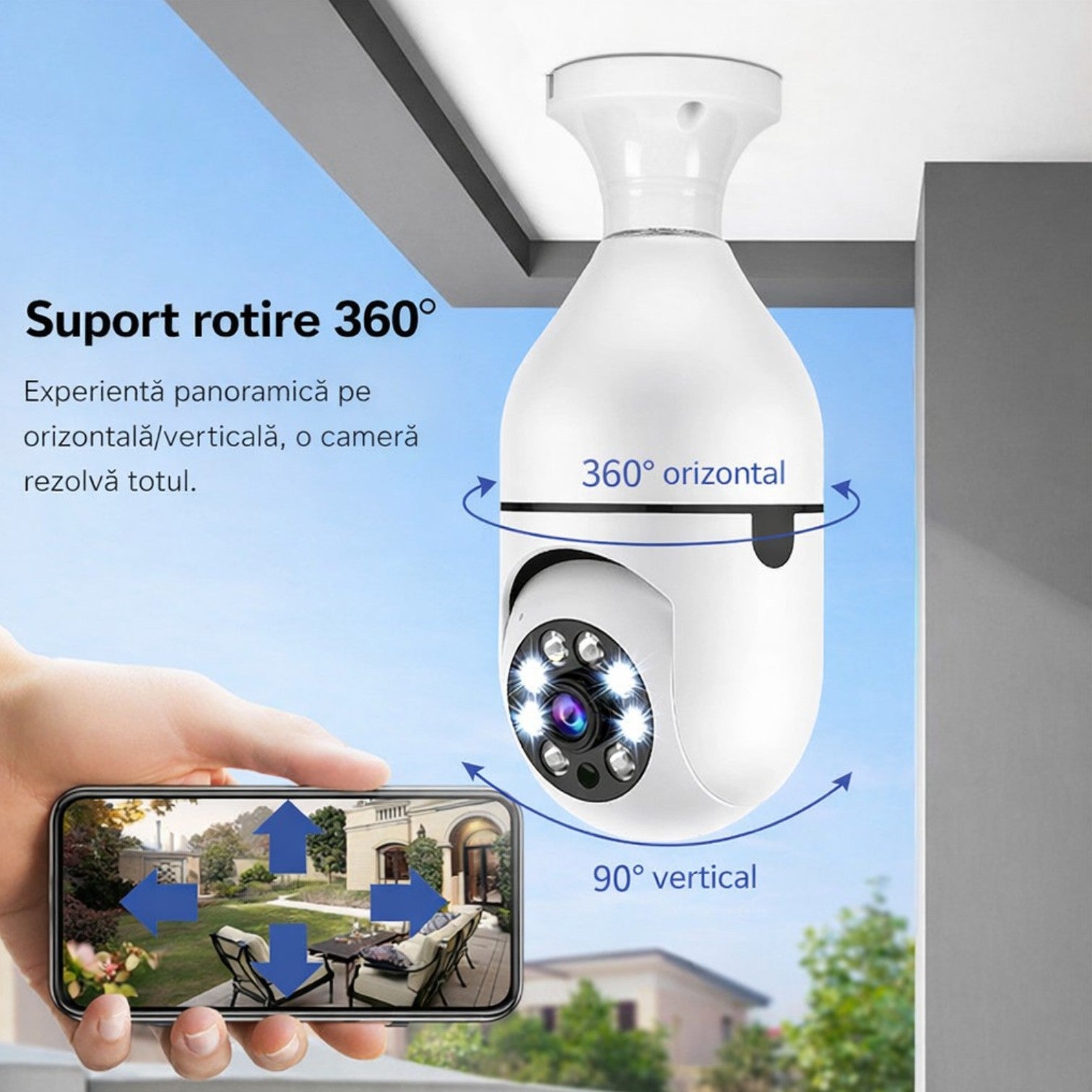 Cameră Supraveghere Wi-Fi Panoramică Tip Bec E27 cu Filet, Rotire 360°, o Singură Unitate de Supraveghere, Vedere Nocturnă LED 15.5cm, Audio Bidirecțional, Control prin Telefon&nbsp;