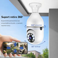 Cameră Supraveghere Wi-Fi Panoramică Tip Bec E27 cu Filet, Rotire 360°, o Singură Unitate de Supraveghere, Vedere Nocturnă LED 15.5cm, Audio Bidirecțional, Control prin Telefon&nbsp;