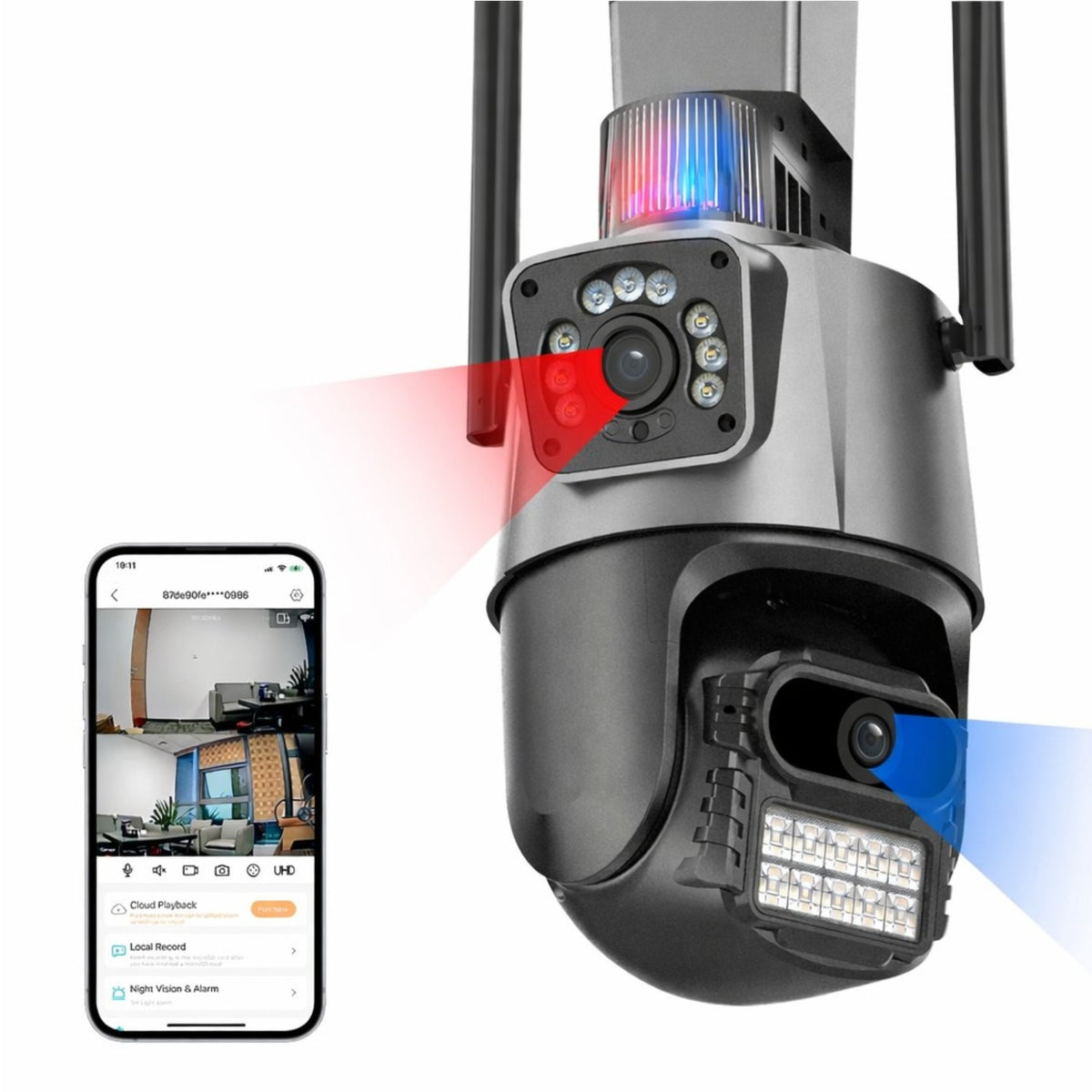 Cameră Supraveghere Wi-Fi Dual Lens 2 Camere Reale, 4G Ultra HD, Rotire 360°, Vedere Nocturnă Color, Alarmă LED, Audio Bidirecțional, Control prin Telefon, 2 Antene Externe&nbsp;