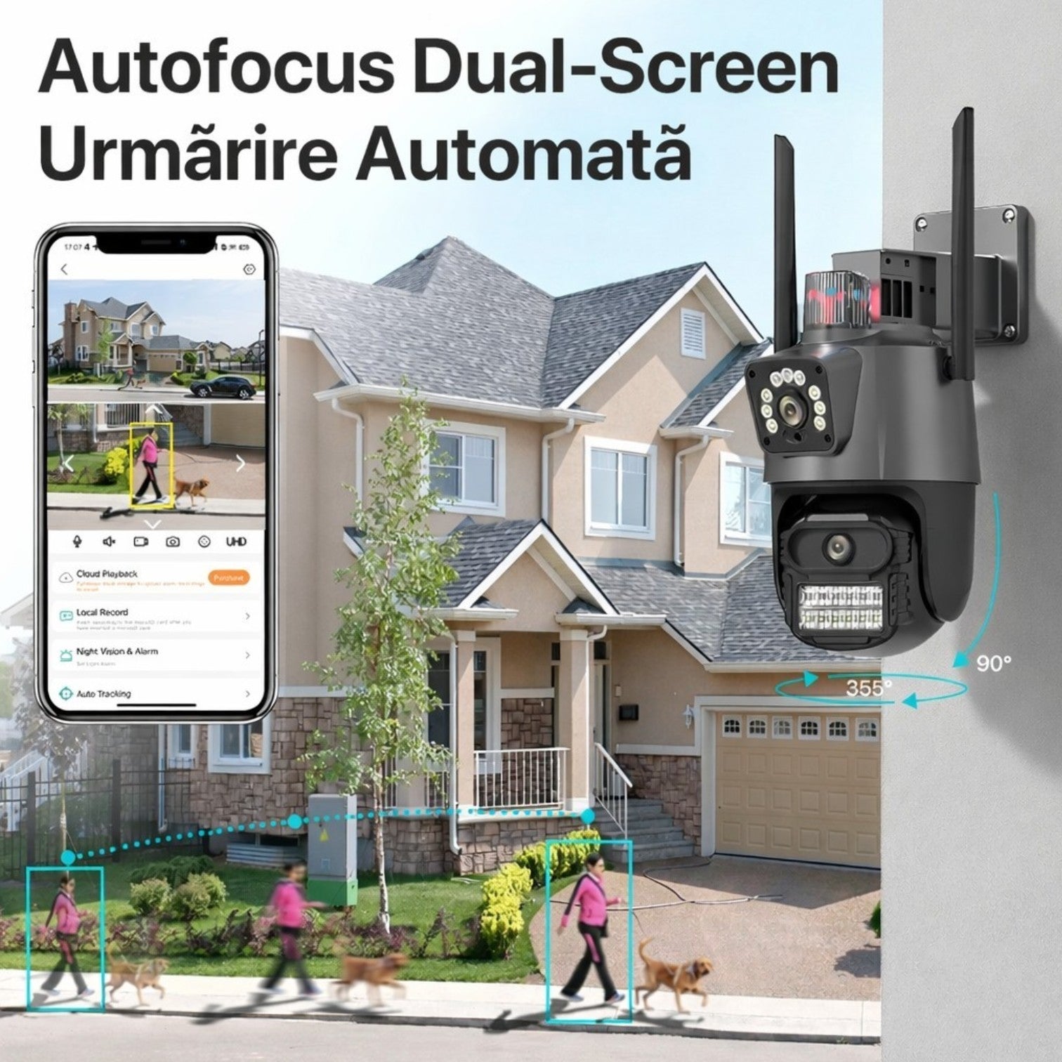 Cameră Supraveghere Wi-Fi Dual Lens 2 Camere Reale, 4G Ultra HD, Rotire 360°, Vedere Nocturnă Color, Alarmă LED, Audio Bidirecțional, Control prin Telefon, 2 Antene Externe&nbsp;