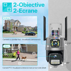 Cameră Supraveghere Wi-Fi Dual Lens 2 Camere Reale, 4G Ultra HD, Rotire 360°, Vedere Nocturnă Color, Alarmă LED, Audio Bidirecțional, Control prin Telefon, 2 Antene Externe&nbsp;