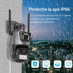 Cameră Supraveghere Wi-Fi Dual Lens 2 Camere Reale, 4G Ultra HD, Rotire 360°, Vedere Nocturnă Color, Alarmă LED, Audio Bidirecțional, Control prin Telefon, 2 Antene Externe&nbsp;