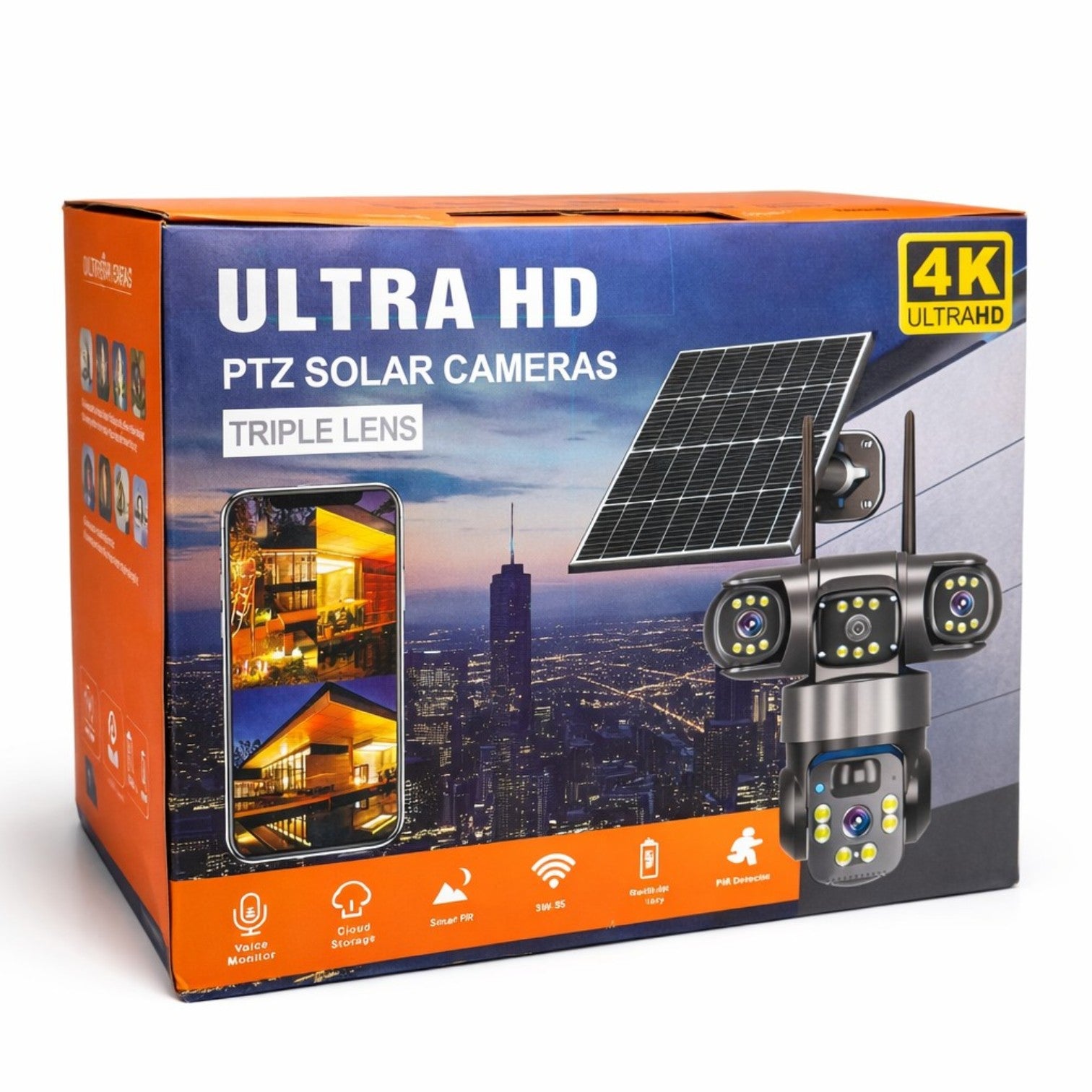 Cameră Supraveghere 4G Solară, 4 Camere Reale 360°, cu SIM, Panou Solar, 20cm, Vedere Nocturnă Color, Audio Bidirecțional, Senzor Mișcare, Control prin Telefon&nbsp;