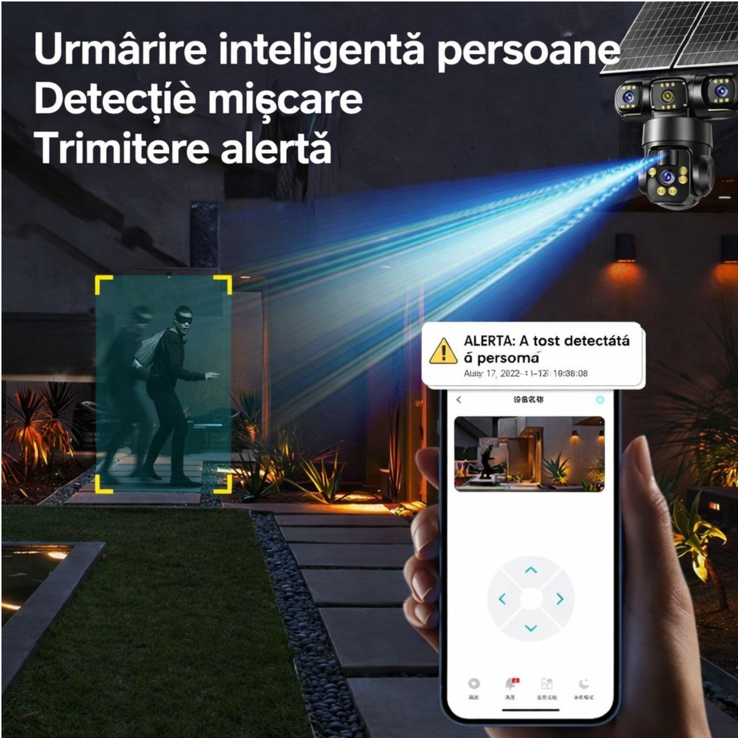 Cameră Supraveghere 4G Solară, 4 Camere Reale 360°, cu SIM, Panou Solar, 20cm, Vedere Nocturnă Color, Audio Bidirecțional, Senzor Mișcare, Control prin Telefon&nbsp;