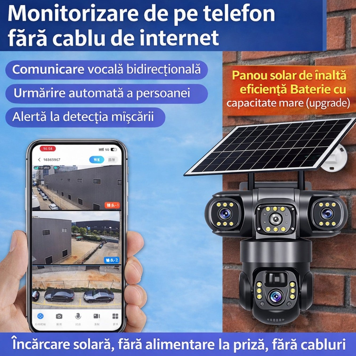 Cameră Supraveghere 4G Solară, 4 Camere Reale 360°, cu SIM, Panou Solar, 20cm, Vedere Nocturnă Color, Audio Bidirecțional, Senzor Mișcare, Control prin Telefon&nbsp;