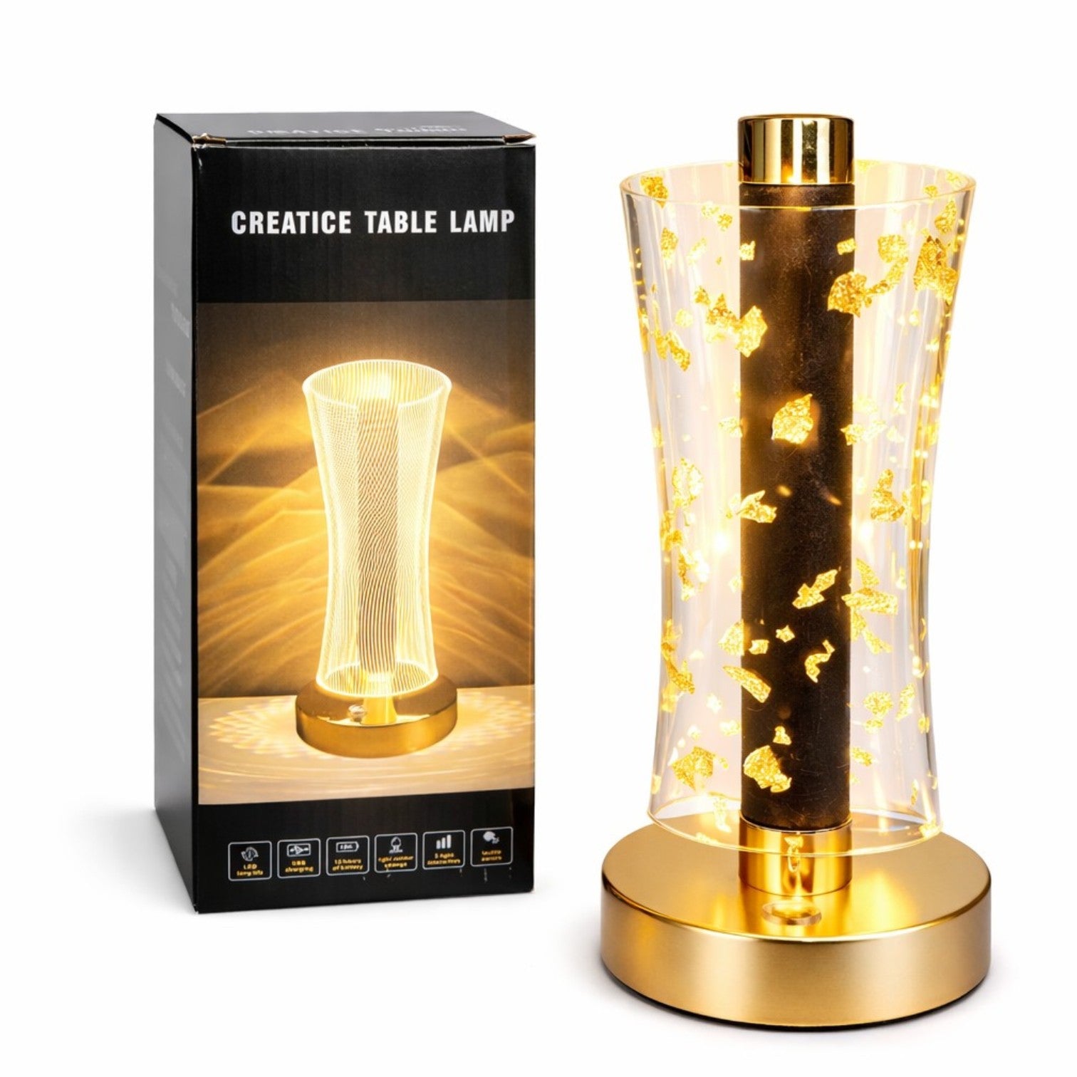 Lampă LED Decorativă 23x14cm, Model Cristal cu Fulgi Aurii, cu 3 Moduri de Lumină, Control Touch Reîncărcabilă&nbsp;