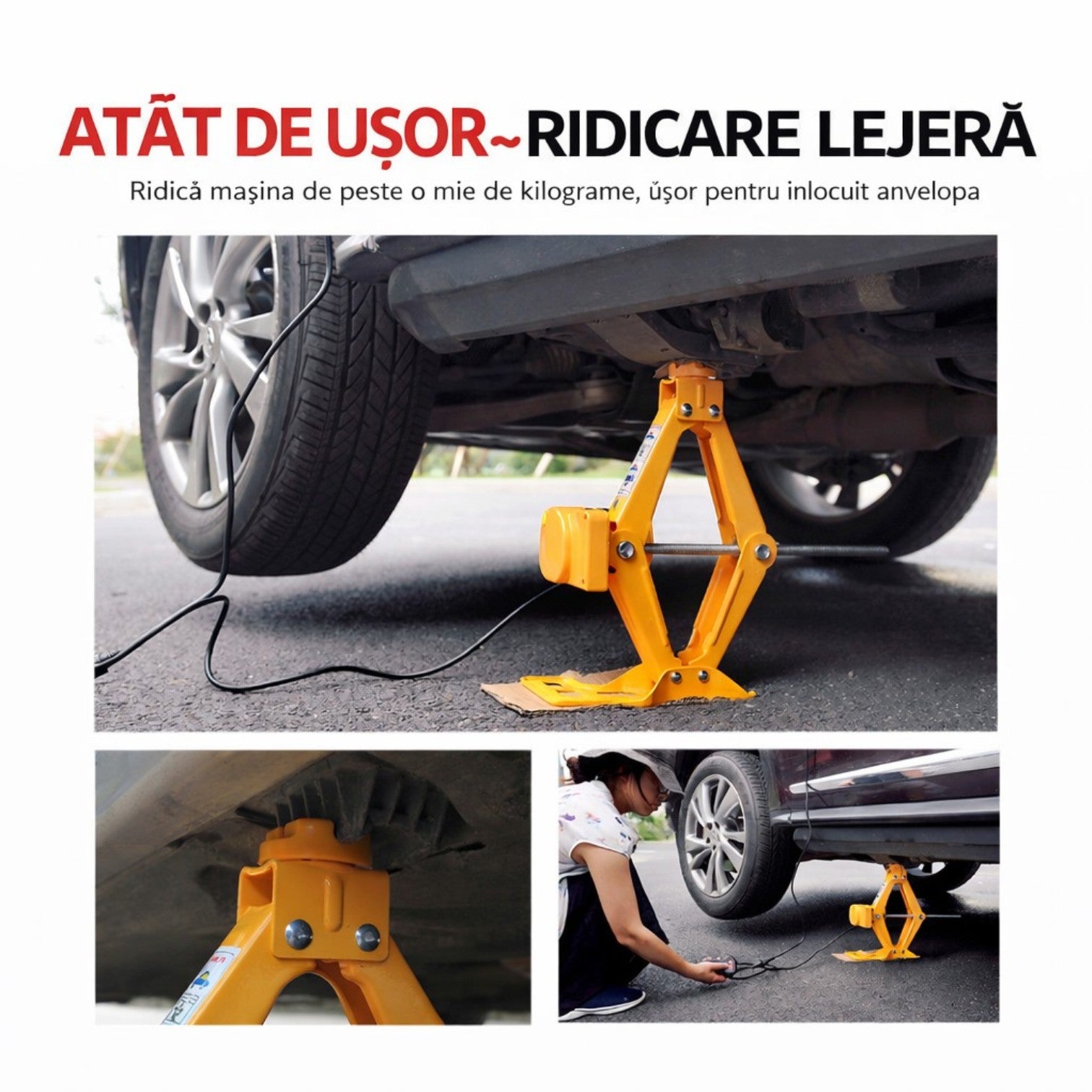 Cric Electric Auto 3T, 40x15.5cm Ridicare 12-42cm, Elevator tip Foarfecă pentru Schimbarea Anvelopelor cu Telecomandă, Set Complet cu Accesorii, Portabil în Cutie&nbsp;
