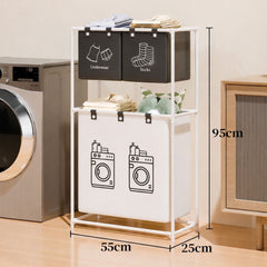 Coș Rufe 2 Niveluri 95x55x25cm, Organizator Haine cu 3 Compartimente, Structură Metalică&nbsp;