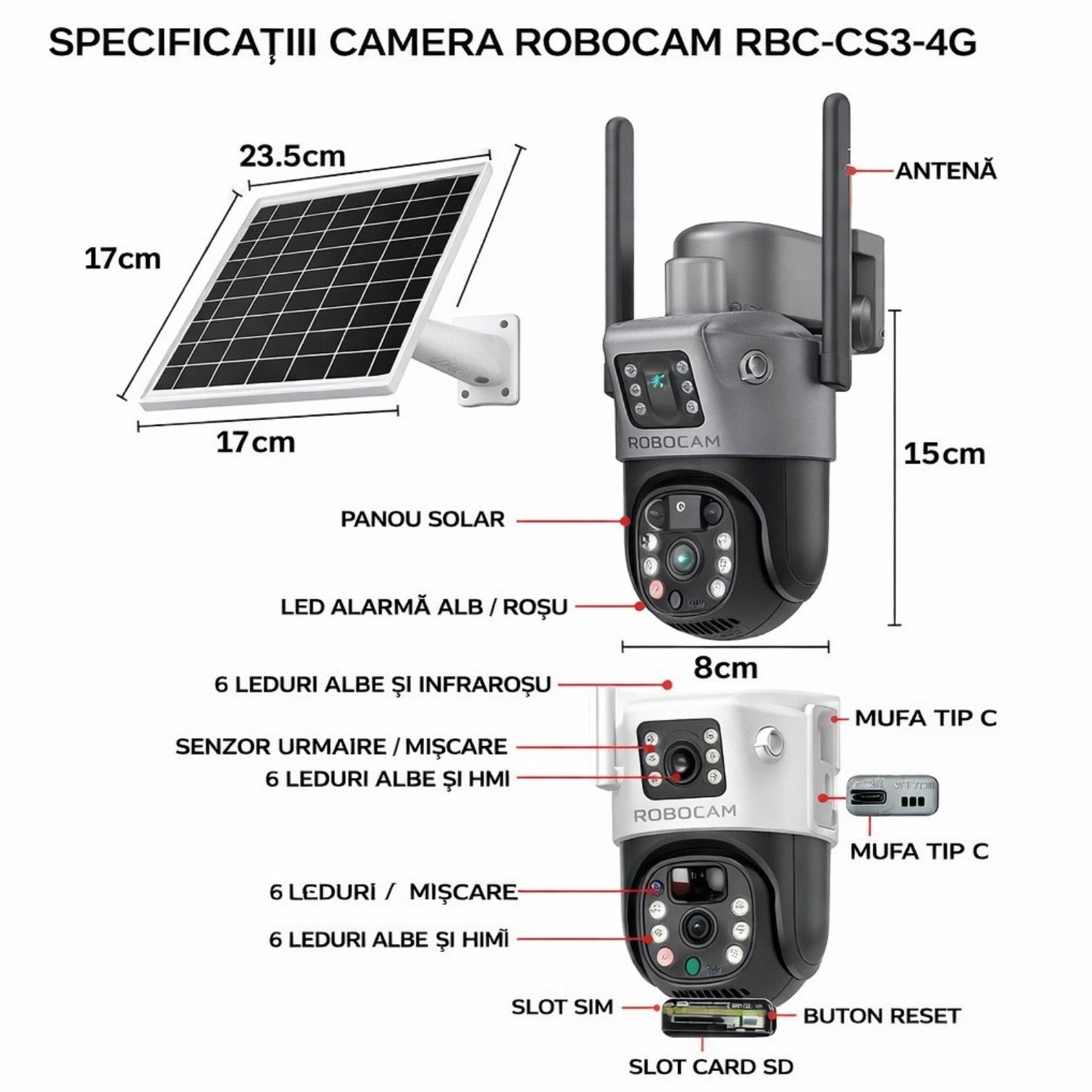 Cameră de Supraveghere 2 in 1, cu Vedere Dublă, WiFi, Panou Solar, Alarma, Baterie 10800mAh, 6MP, Detectare Mișcare, Vedere Nocturnă, Comunicare Bidirecțională, Exterior IP66&nbsp;