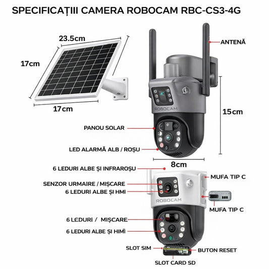Cameră de Supraveghere 2 in 1, cu Vedere Dublă, WiFi, Panou Solar, Alarma, Baterie 10800mAh, 6MP, Detectare Mișcare, Vedere Nocturnă, Comunicare Bidirecțională, Exterior IP66&nbsp;