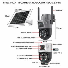 Cameră de Supraveghere 2 in 1, cu Vedere Dublă, WiFi, Panou Solar, Alarma, Baterie 10800mAh, 6MP, Detectare Mișcare, Vedere Nocturnă, Comunicare Bidirecțională, Exterior IP66&nbsp;