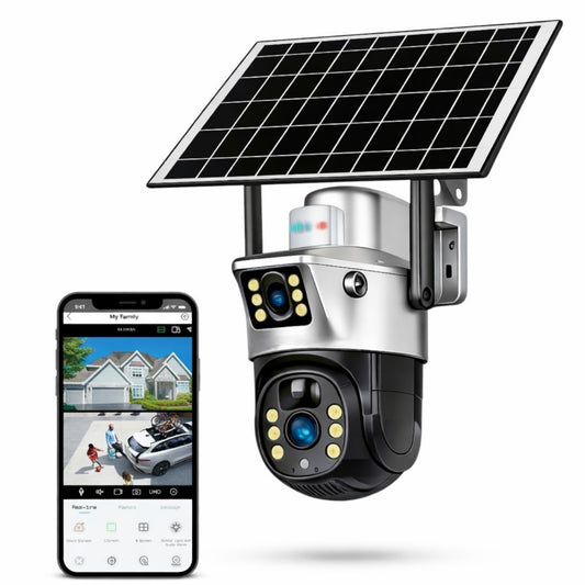 Cameră de Supraveghere 2 in 1, cu Vedere Dublă, WiFi, Panou Solar, Alarma, Baterie 10800mAh, 6MP, Detectare Mișcare, Vedere Nocturnă, Comunicare Bidirecțională, Exterior IP66&nbsp;