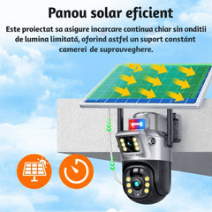 Cameră de Supraveghere 2 in 1, cu Vedere Dublă, WiFi, Panou Solar, Alarma, Baterie 10800mAh, 6MP, Detectare Mișcare, Vedere Nocturnă, Comunicare Bidirecțională, Exterior IP66&nbsp;