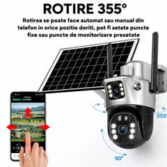 Cameră de Supraveghere 2 in 1, cu Vedere Dublă, WiFi, Panou Solar, Alarma, Baterie 10800mAh, 6MP, Detectare Mișcare, Vedere Nocturnă, Comunicare Bidirecțională, Exterior IP66&nbsp;
