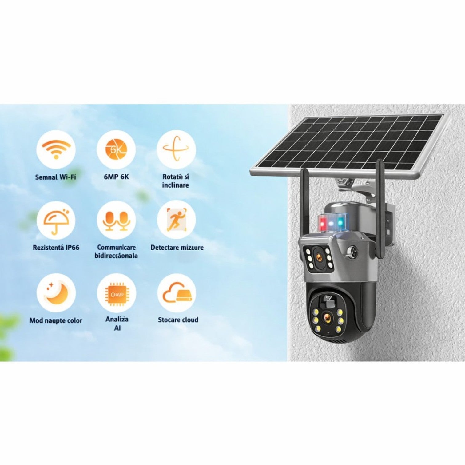 Cameră de Supraveghere 2 in 1, cu Vedere Dublă, WiFi, Panou Solar, Alarma, Baterie 10800mAh, 6MP, Detectare Mișcare, Vedere Nocturnă, Comunicare Bidirecțională, Exterior IP66&nbsp;