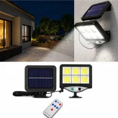 Lampa Solara LED 15x14cm cu Panou Solar 13x12cm, de Exterior 128-4COB Senzor de miscare, Telecomanda, Rezistenta la Apa