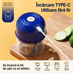 Tocător Electric Fără Fir 11.3×9cm, Încărcare TYPE-C, 2 Lame din Oțel Inoxidabil, Recipient 260ml pentru Legume