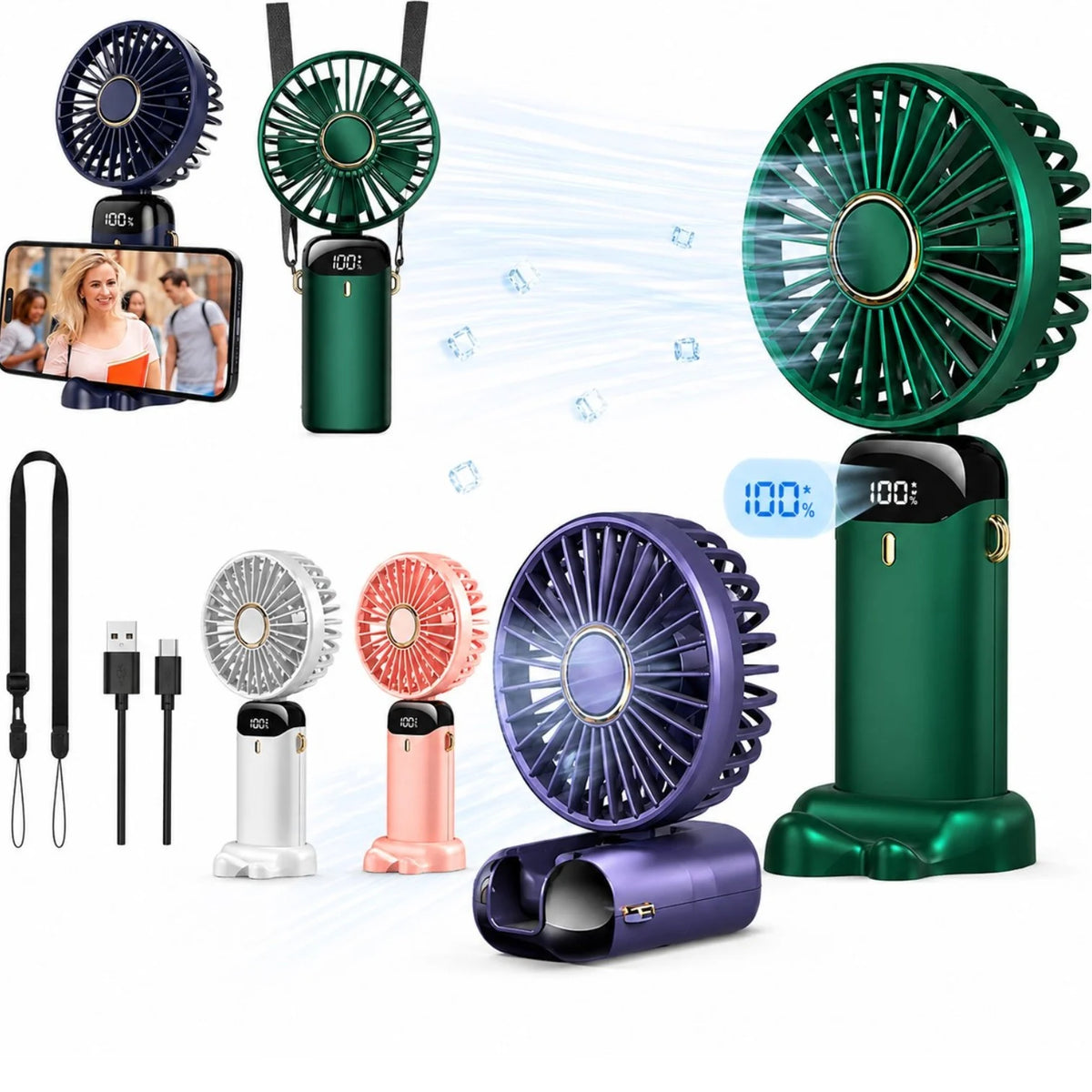 Ventilator Portabil 18.5cm, cu Suport Telefon, USB Reîncărcabil, Display LED și Agățătoare, Viteze Reglabile, Diferite Culori