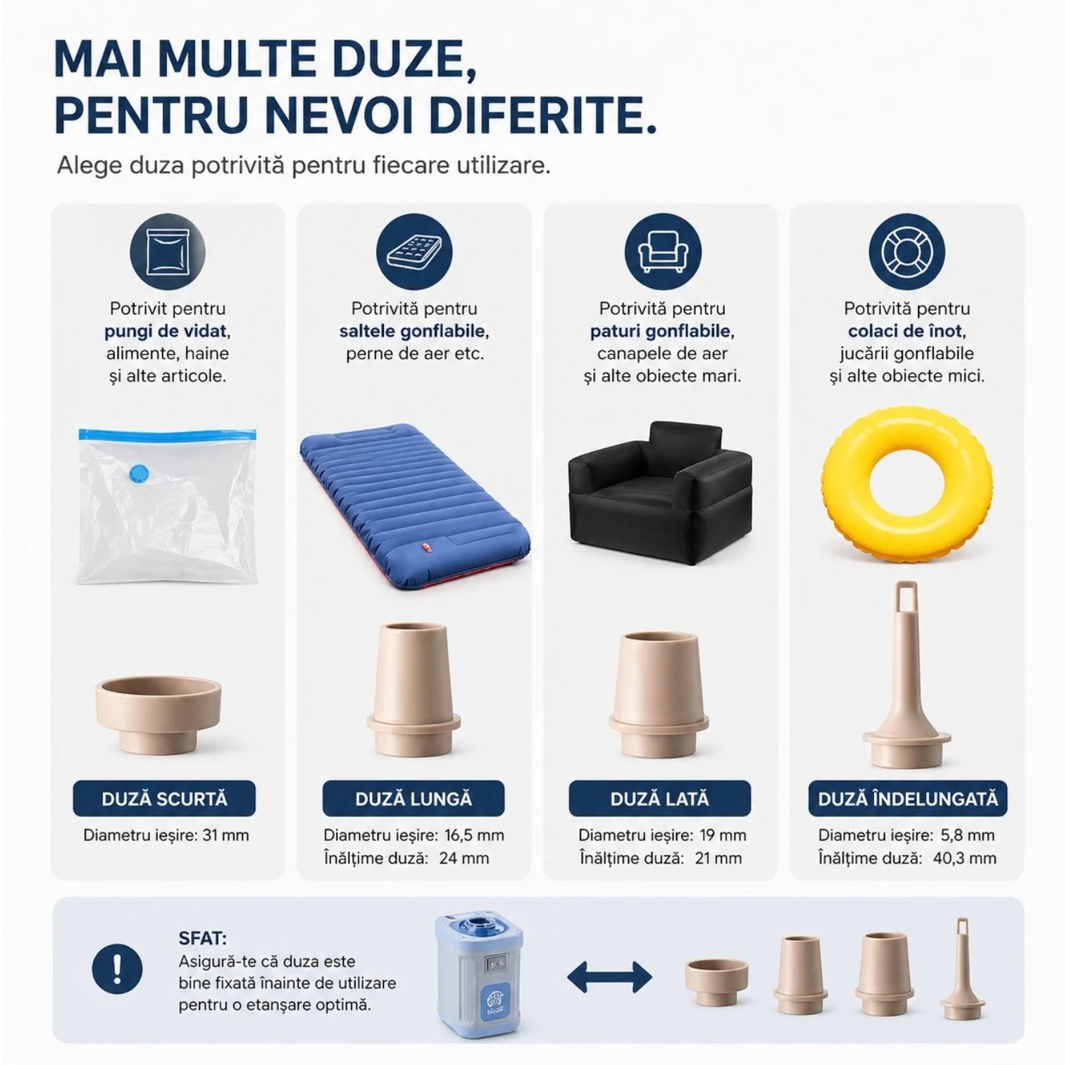 Pompa Electrica Portabilă 7.5x5cm, cu 3 Duze si Lumina LED, pentru Umflare și Dezumflare Rapidă, Diferite Culori&nbsp;