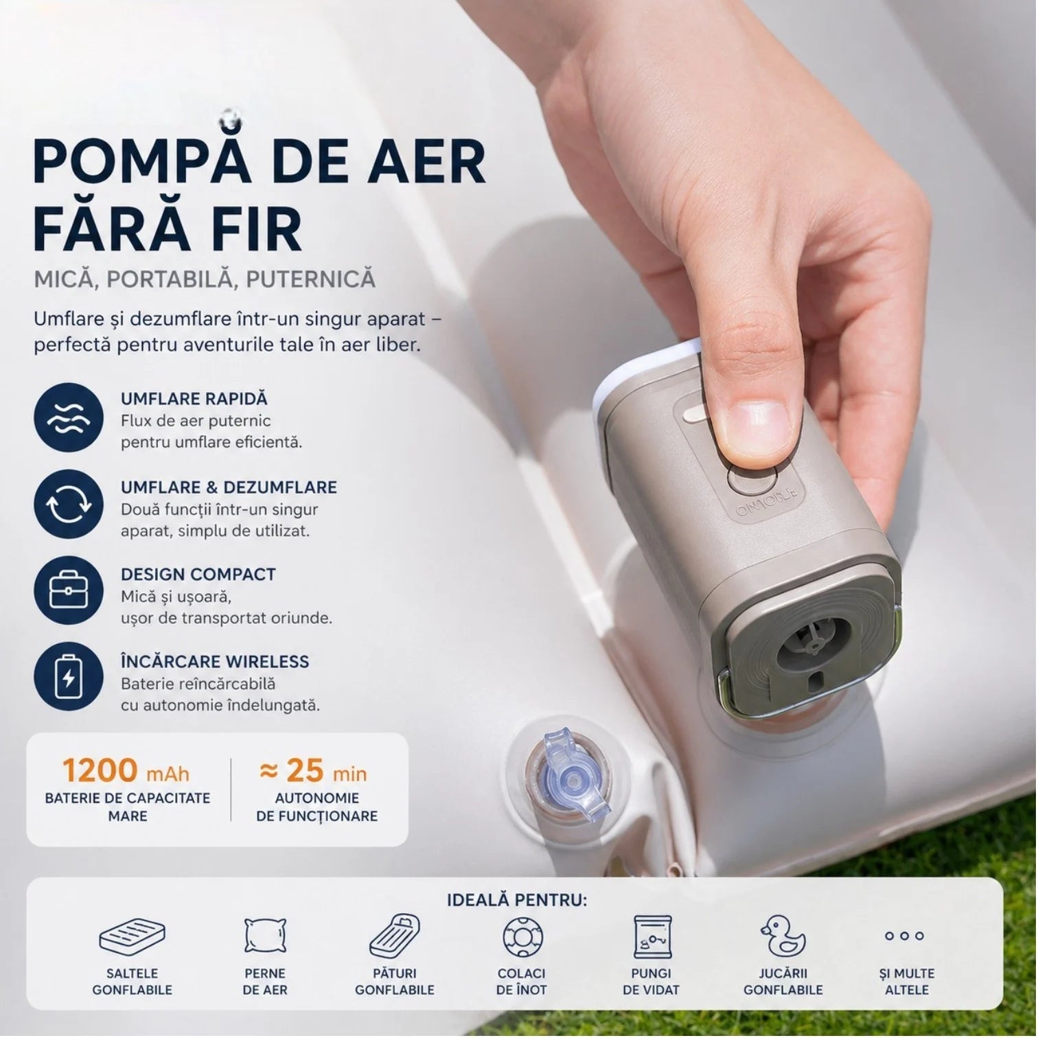 Pompa Electrica Portabilă 7.5x5cm, cu 3 Duze si Lumina LED, pentru Umflare și Dezumflare Rapidă, Diferite Culori&nbsp;