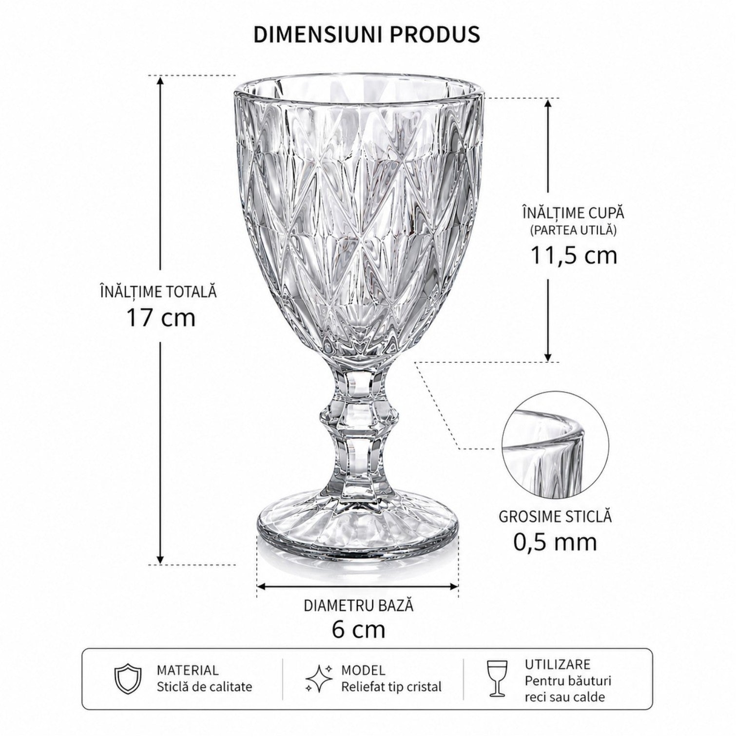 Pahar din Sticlă 6/set, cu Picior 17cm, Model Cristal