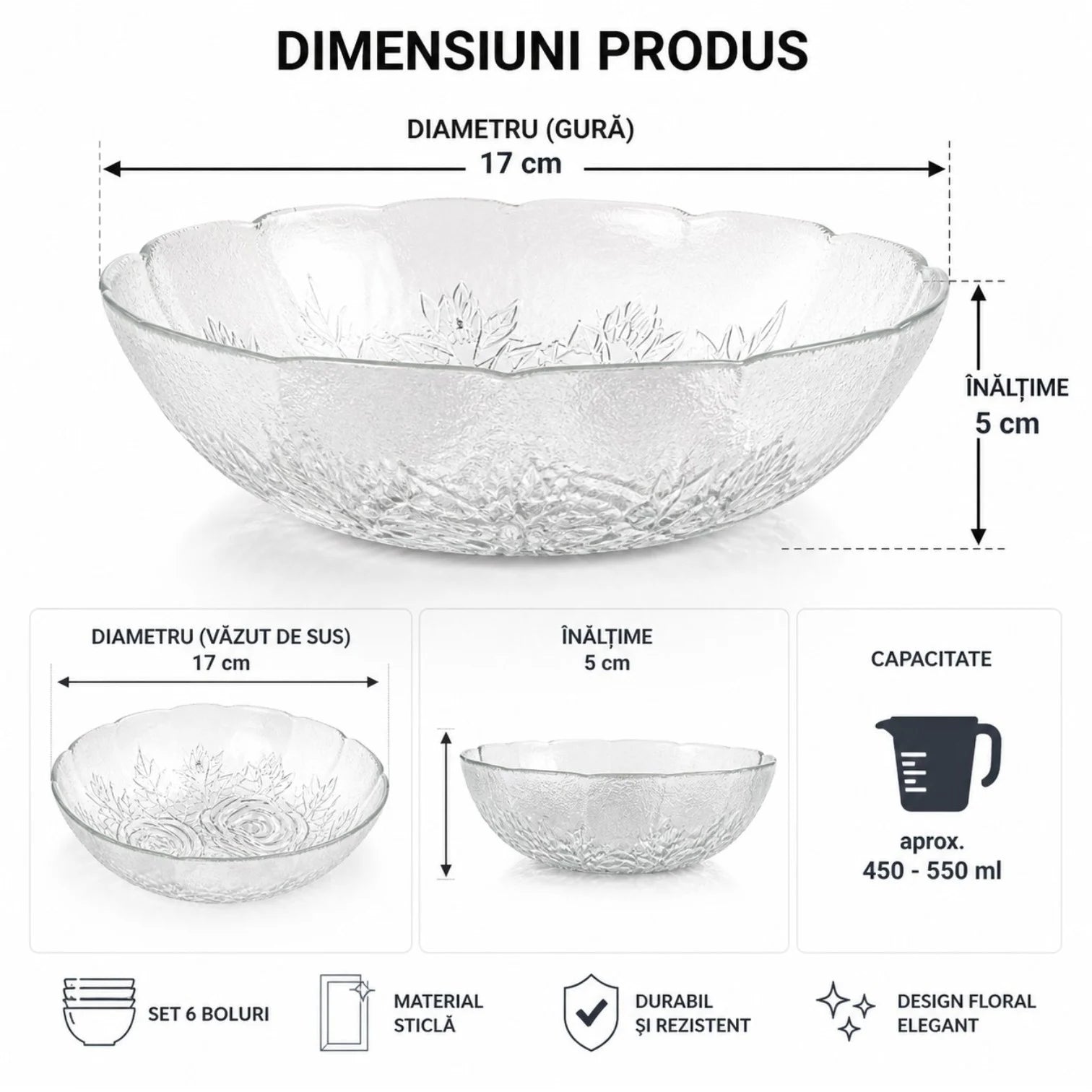 Bol din Sticlă 6/set, Model Floral 17x5cm