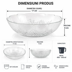 Bol din Sticlă 6/set, Model Floral 17x5cm