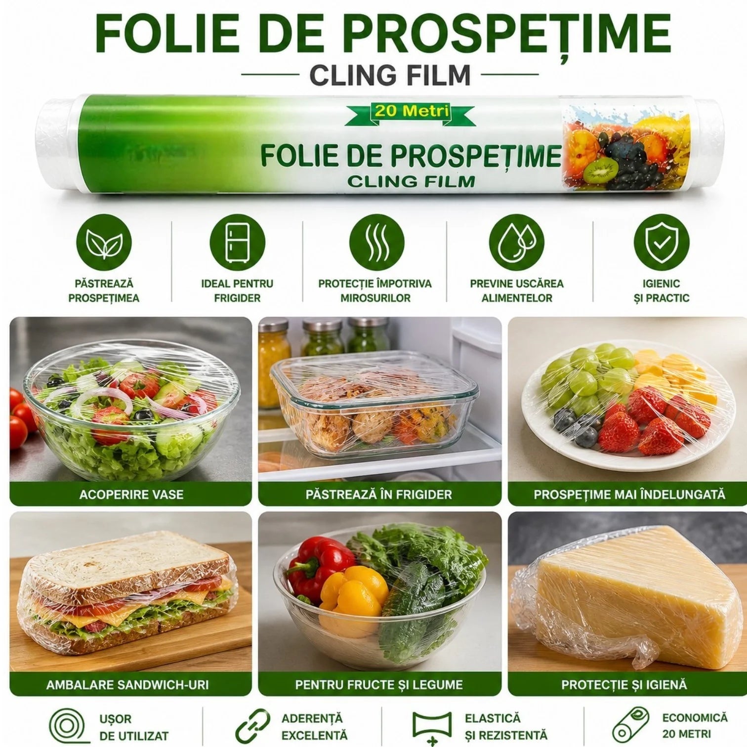 Folie Alimentară 20m, 29cm Latime, Transparentă, Rola Bucătărie pentru Ambalare